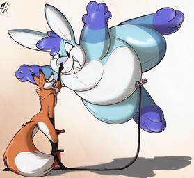air_inflation ambiguous_gender anthro black_nose boop chest_tuft dipstick_ears dipstick_tail duo ear_markings eye_contact fur gloves_(marking) green_eyes hose hose_inflation inflatable inflatable_toy inflation leg_markings looking_at_another markings multicolored_ears nose_boop open_mouth open_smile orange_body orange_fur orange_tail pink_nose pink_tongue pump pumping sharp_teeth simple_background smile socks_(marking) squish standing tail tail_markings teal_body teeth tongue tuft white_tail lizet jazzy_(jazzystitch) luan_(lizet) animate_inanimate canid canine fox lagomorph leporid living_inflatable mammal rabbit 2021 hi_res signature