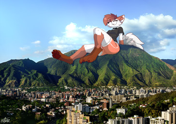 4_toes anthro big_feet big_tail city clothing detailed_background eyes_closed eyewear fangs feet female fluffy fluffy_tail glasses hair macro mountain photo_background round_glasses shirt short short_hair sitting smile solo tail teeth toes topwear stars_(artist) becca_(stars) canid canine fox mammal hi_res mixed_media photography_(artwork)