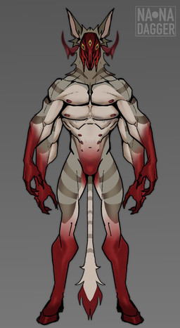 3_eyes 4_arms 4_pecs anthro featureless_crotch front_view fur grey_background grey_body grey_fur hooves horn looking_at_viewer male markings multi_arm multi_eye multi_limb multi_nipple multi_pecs nipples nude pecs red_markings simple_background solo standing striped_body striped_markings striped_tail stripes tail tail_markings nanadagger astaroth_(patrick_okottsu) demon humanoid monster unknown_species full-length_portrait hi_res model_sheet portrait