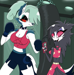 anthro beak black_body black_bottomwear black_clothing black_feathers black_shorts bodily_fluids bottomwear boxing_gloves breasts cellphone choker cleavage clothed clothed_anthro clothed_female clothing collar confusing_perspective duo electronics eyeshadow feather_hair feathers female fur grey_body grey_fur handwear holding_cellphone holding_object holding_phone holding_smartphone inside jewelry makeup midriff mirror necklace open_mouth open_smile phone pink_clothing pink_sclera pseudo_hair punch punching_bag pupils recording_video red_clothing red_sclera red_shirt red_tank_top red_topwear shirt shorts slit_pupils smartphone smile spiked_collar spikes star_pattern sweat tail tail_feathers tank_top topwear white_body white_eyes white_face white_fur starpaintart hellaverse helluva_boss mythology loona_(helluva_boss) octavia_(helluva_boss) avian avian_demon bird canid canid_demon canine demon hellhound mammal mythological_canine mythological_creature owl owl_demon 2024
