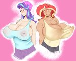 big_breasts blush breasts cleavage cleavage_overflow clothed clothing duo female horn huge_breasts inverted_nipples nipple_outline nipples sundown_(artist) equestria_girls friendship_is_magic hasbro my_little_pony starlight_glimmer_(mlp) sunset_shimmer_(eg) horned_humanoid humanoid absurd_res hi_res