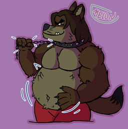 anthro belly boxers_(clothing) brown_body brown_eyes brown_fur brown_hair chain chain_leash clothed clothing collar eyeliner fangs fur hair holding_leash holding_object leash long_hair makeup male musclegut muscular navel overweight overweight_anthro overweight_male pecs red_boxers red_clothing red_underwear solo spiked_collar spikes teeth topless topless_anthro topless_male tuft underwear whiskers melonderp hyke_(hykewolffen) hykewolffen canid canine canis mammal wolf