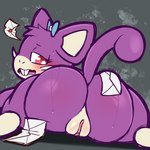 1:1 anthro blush buckteeth butt female generation_1_pokemon genitals hi_res looking_at_viewer mail nintendo open_mouth pokemon pokemon_(species) pokemorph purple_body purple_eyes pussy rattata softestpuffss solo spread_legs spreading tail teeth thick_thighs white_body