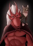 ambiguous_gender anthro duo featureless_chest feral gradient_background hair horn humanoid_pointy_ears male membrane_(anatomy) membranous_wings pointy_ears red_body simple_background white_hair wings lshadowart disney gargoyles brooklyn_(gargoyles) domestic_cat felid feline felis gargoyle mammal scalie digital_media_(artwork)