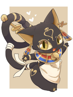 accessory anthro apron bell bell_collar black_body black_fur chibi clothed clothing collar ear_piercing egyptian egyptian_clothing female fur kemono open_mouth paws piercing solo spread_arms usekh whiskers yellow_eyes ukan_muri brown_egyptian_cat_ear_loli domestic_cat felid feline felis mammal hi_res