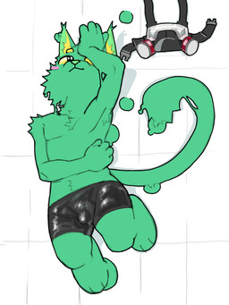 anthro blush bodily_fluids bottomwear clothed clothing fur glistening green_body green_fur male sendy solo limlonm changed_(video_game) felid goo_creature mammal digital_media_(artwork) hi_res
