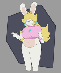 3_fingers anthro arms_bent big_breasts blonde_hair blue_ear_piercing blue_eyes bottomless bottomless_anthro bottomless_female breasts cellphone closed_smile clothed clothed_anthro clothed_female clothing crown ear_piercing electronics featureless_feet feet female female_anthro fingers fur gem gesture grey_background hair half-closed_eyes hand_gesture headgear holding_cellphone holding_object holding_phone light lips long_ears long_hair mouth_closed narrowed_eyes navel no_pupils pawpads phone piercing pink_clothing pink_shirt pink_topwear pointing ruby_(gem) sapphire_(gem) shirt simple_background slightly_chubby slightly_chubby_female smartphone smile solo standing tan_eyelids tan_inner_ear tan_lips tan_pawpads text topwear white_body white_fur buleruby mario_bros mario_plus_rabbids_kingdom_battle nintendo raving_rabbids rayman_(series) ubisoft rabbid_peach lagomorph mammal rabbid 2025 absurd_res artist_name colored_sketch crossover digital_drawing_(artwork) digital_media_(artwork) english_description flat_colors full-length_portrait hi_res lighting portrait sketch