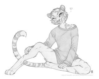 4_toes 5_fingers anthro barefoot blep breasts clothed clothed_anthro clothed_female clothing digitigrade eyebrows eyelashes feet female female_anthro fingerpads fingers front_view fur heart_symbol humanoid_hands iris looking_at_viewer markings off_shoulder one_eye_closed pawpads pose pupils simple_background smile smiling_at_viewer solo spread_legs spreading striped_body striped_fur striped_markings striped_tail stripes sweater tail tail_markings toes tongue tongue_out topwear white_background wink winking_at_viewer shinigamigirl kaitlyn_fischer felid mammal pantherine tiger 2022 full-length_portrait greyscale monochrome portrait