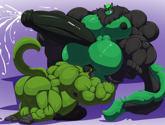 5_toes anal anthro armpit_hair balls big_balls big_muscles big_pecs big_penis black_nipples black_penis bodily_fluids body_hair countershading cum drooling duo ejaculation erection feet genital_fluids genitals green_balls green_body green_countershading green_hair grin hair huge_balls huge_muscles huge_pecs huge_penis hyper hyper_balls hyper_genitalia hyper_muscles hyper_pecs hyper_penis kneeling licking male male/male musclegut muscular neck_tuft nipples nude open_mouth pecs penis saliva sex smile tail thick_penis toes tongue tongue_out tuft bobert mythology thomas_green canid canine canis dragon haplorhine hybrid mammal monkey mythological_creature mythological_scalie primate scalie wolf 2021