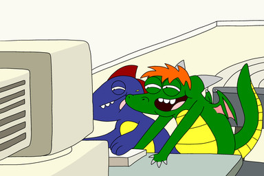belly blue_body carpet chair claws computer duo electronics furniture green_body hair horn keyboard laughing_at long_tail male monitor multicolored_body orange_hair parody table tail two_tone_body white_wall wings yellow_belly hatchlingbyheart cartoon_network mythology regular_show draggyn_vixx spike_(hatchlingbyheart) dragon lizard mythological_creature mythological_scalie reptile scalie 3:2 hi_res