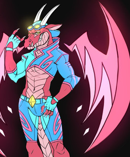 anthro bulge clothed clothing eyewear eyewear_on_head front_view goggles goggles_on_head grin hat headgear headwear horn looking_at_viewer male male_anthro membrane_(anatomy) membranous_wings pink_body pink_wings red_body smile solo standing white_horn wings yellow_eyes chumbasket mythology dragon mythological_creature mythological_scalie scalie hi_res portrait three-quarter_portrait