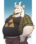 anthro arm_hair beard belly blonde_hair body_hair bottomwear clothing ear_piercing ear_ring facial_hair floppy_ears fur hair happy_trail horn male overweight overweight_anthro overweight_male piercing ponytail ring_piercing shirt shorts solo t-shirt topwear white_body white_fur racesolar undertale undertale_(series) asriel_dreemurr bovid caprine goat mammal 5:6 hi_res