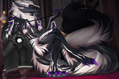 5_fingers anthro armchair big_tail braided_fur chair claws crossed_legs curtains female fingers fluffy fluffy_tail furniture huge_tail jewelry lamp living_room looking_at_viewer purple_claws purple_spikes red_carpet sitting solo tail window yukitashi saryne_(zanussergal) behemoth_(essence_of_rapture) 3:2