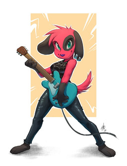anthro barefoot bottomwear clothing ear_piercing ear_ring electric_guitar feet female fur green_eyes guitar holding_guitar holding_musical_instrument holding_object looking_at_viewer musical_instrument pants piercing plucked_string_instrument red_body red_fur ring_piercing simple_background smile solo standing string_instrument dogbomber animal_crossing nintendo cherry_(animal_crossing) canid canine canis domestic_dog mammal 2021