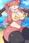 anthro balls big_breasts bikini blush breasts clothed clothing erection female fur genitals legwear male outside penis smile stockings swimwear thick_thighs two-piece_swimsuit nigiruri mammal 2:3 absurd_res hi_res