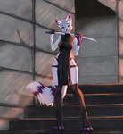 anthro black_claws black_clothing claws clothed clothing digitigrade female feral finger_claws fluffy fluffy_tail fur gloves_(marking) grey_hair hair holding_melee_weapon holding_object holding_sword holding_weapon inner_ear_fluff markings melee_weapon purple_body purple_fur purple_inner_ear purple_nose purple_stripes purple_toes solo standing striped_markings striped_tail stripes sword tail tail_markings toe_claws tuft weapon whiskers white_body white_fur white_inner_ear_fluff white_tail shiroichi_air milka catana domestic_cat felid feline felis mammal absurd_res digital_drawing_(artwork) digital_media_(artwork) hi_res