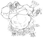 abdominal_bulge anthro belly big_belly big_breasts bodily_noises breasts different_sound_effects digestion_noises female female_pred fully_inside group macro muscular muscular_female onomatopoeia rumbling_stomach sharp_teeth size_difference snap solo_focus sound_effects teeth text vore izzyfatcat neesha_(pilpil) gnoll goblin hyena mammal absurd_res digital_drawing_(artwork) digital_media_(artwork) hi_res monochrome