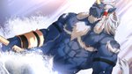 anthro blue_body blue_fur convenient_censorship fur hair looking_at_viewer male melee_weapon muscular muscular_anthro muscular_male nude polearm solo spear weapon white_hair sollyz final_fantasy final_fantasy_x square_enix kimahri felid mammal ronso 16:9 widescreen