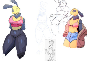 anthro bikini bottomwear breasts cleavage clothed clothing female jacket leggings legwear one_eye_closed shirt shorts skirt smile solo swimwear tank_top topwear two-piece_swimsuit upskirt wink yellow_body goonie-san mercy_(goonie-san) arthropod bee human hymenopteran insect mammal colored hi_res line_art reference_image shaded sketch