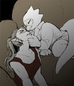 anthro arm_support athletic breasts buckteeth cleavage clothed clothing collarbone duo ear_fins ear_frill eye_contact eyelashes eyewear female female/female fin frill_(anatomy) furniture glasses hair half-closed_eyes hand_on_chin head_spikes looking_at_another looking_at_partner narrowed_eyes non-mammal_breasts ponytail reclining sharp_teeth shirt sitting sofa spikes spikes_(anatomy) tail tank_top teeth thick_tail topwear tktk_nmnm undertale undertale_(series) alphys undyne animal_humanoid fish fish_humanoid humanoid lizard marine marine_humanoid reptile scalie hi_res monochrome unavailable_at_source