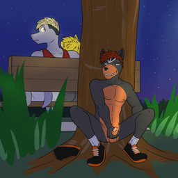 anthro briefs clothing crouching exhibitionism footwear footwear_only genitals group male male/male masturbation mostly_nude penile penile_masturbation penis public public_nudity shoes shoes_only stealth_masturbation trio underwear fuze nintendo pokemon damien_(fuze) rex_(fuze) rodd_(fuze) generation_1_pokemon generation_2_pokemon generation_3_pokemon houndour machop numel pokemon_(species) 1:1 hi_res