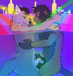 anthro anthro_on_anthro balls black_balls black_nose black_penis brown_eyes brown_hair duo erection eye_contact foreskin fur genitals grey_body grey_fur hair looking_at_another male male/male male_anthro mouth_closed narrowed_eyes nude orange_eyes partially_submerged penis short_hair side_view tan_body tan_fur text white_penis 0ct0m0n0 doc_(bunrakuken) takado canid canine haplorhine mammal monkey primate absurd_res artist_name hi_res