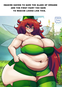 belly big_breasts blush blush_lines breasts clothed clothing eyelashes female freckled_face freckles hair huge_breasts legwear long_eyelashes long_hair looking_at_viewer motion_lines overweight overweight_female overweight_humanoid smile solo text thick_thighs wings chocofl4n rayman_(series) ubisoft betilla fairy humanoid nymph 2026 absurd_res english_text hi_res meme