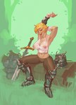 areola armor armpit_hair blonde_hair bodily_fluids body_hair breasts clothing female footwear grass green_eyes hair headgear helmet humanoid_pointy_ears log melee_weapon navel nipples not_furry open_mouth plant pointy_ears scar sitting solo sweat sword translucent translucent_clothing weapon wood joixxx elf humanoid 2016 hi_res