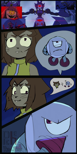 anthro brown_hair female hair male male/female the_battle uctions yellow_sclera pche risa_mau gameoverse glitch_productions kaboodle_(gameoverse) kit_bodega robo felid feline mammal 1:2 absurd_res comic hi_res