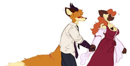 accessory anthro arm_scar big_breasts biped black_body black_horn black_scales blush bottomwear breasts brown_body brown_ears brown_fur cheek_tuft chest_tuft clothed clothing collared_shirt countershading dress dress_shirt duo ear_blush facial_scar facial_tuft female female_anthro fluffy fluffy_tail fur hair hand_holding head_tuft heart_(marking) heart_birthmark horn long_hair male male/female male_anthro markings necktie orange_body orange_fur orange_hair orange_tail pants red_clothing red_dress red_eyes rolled_up_sleeves scaled_hands scales scar scuted_arms scuted_hands scutes shirt simple_background slouching smile snout snout_scar tail tail_scar tan_body tan_countershading tan_fur topwear tuft wavy_hair akamaruburningred mythology akamaru_shirogane vera_pedigru canid canine chimera domestic_cat dragon felid feline felis fox furred_dragon furred_scalie hybrid mammal mythological_creature mythological_scalie scalie siamese_cat digital_media_(artwork) hi_res
