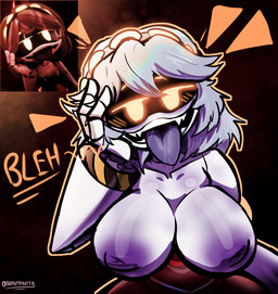 accessory backless_dress bare_shoulders big_breasts blush blush_lines bodily_fluids breasts clothed clothing dress drooling exposed_breasts fangs female flirting flirting_with_viewer glowing glowing_eyes grey_hair grey_tongue hair hazard_stripes headband holding_head huge_breasts long_tongue looking_at_viewer machine nipples open_mouth partially_clothed purple_nipples red_clothing red_dress saliva saliva_on_tongue saliva_string screen screen_face screencap screenshot_redraw sharp_teeth simple_background solo stripes teeth text tongue tongue_out topless white_body white_hair yellow_eyes yellow_text diddlydooter1 glitch_productions murder_drones v_(murder_drones) disassembly_drone humanoid robot robot_humanoid artist_name digital_drawing_(artwork) digital_media_(artwork) hi_res signature