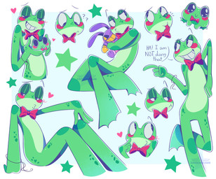 anthro blep body_freckles bow_tie butt confusion coy dialogue duo feet female freckled_arms freckled_butt freckled_legs freckles gesture glistening_eyelids green_body green_skin hand_gesture hug membrane_(anatomy) partial_speech_bubble plushie pointing pointing_at_another question_mark smile star_symbol teeth teeth_showing toes tongue tongue_out webbed_feet jaydendraws glitch_productions the_amazing_digital_circus jax_(tadc) ribbit_(tadc) amphibian frog inanimate_object hi_res watermark