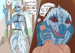 ambiguous_gender anthro back_spikes blue_body blue_scales bottomwear clothing duo first_person_view flushed forked_tongue genitals glaive hair handjob high-angle_view human_pov looking_at_viewer male male_pov melee_weapon miniskirt penile penis polearm rear_view red_sclera rude scales sex skirt slim snout spiked_tail spikes spikes_(anatomy) tail text tongue weapon white_hair devarg capcom monster_hunter fanged_wyvern human mammal tobi-kadachi absurd_res digital_drawing_(artwork) digital_media_(artwork) english_text hi_res