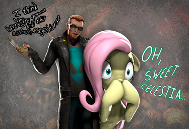 abstract_background alien_print black_clothing black_coat black_shirt black_topwear brown_hair clothed clothing coat covering covering_mouth cross dialogue duo ears_down eyebrows eyewear female female_feral feral green_eyes hair hair_size_difference holding_object holding_smoking_pipe larger_human larger_male male male_human mane open_clothing open_coat open_mouth open_topwear pink_hair pink_mane pivoted_ears raised_inner_eyebrows shirt shocked size_difference smaller_female smaller_feral smoking_pipe sunglasses talking_to_another text topwear wearing_sunglasses yellow_body zelyonka friendship_is_magic hasbro i_think_we're_gonna_have_to_kill_this_guy my_little_pony postal_(series) running_with_scissors_(company) fluttershy_(mlp) postal_dude equid equine horse human mammal pony 2026 3d_(artwork) absurd_res crossover digital_media_(artwork) english_text hi_res meme source_filmmaker_(artwork) watermark