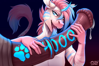 animal_genitalia animal_penis anthro big_penis blue_eyes bodily_fluids body_writing cum cum_drip cum_on_penis dripping equine_genitalia equine_penis footprint genital_fluids genitals hair holding_penis horn huge_penis licking long_tongue looking_at_viewer male oral pawprint penile penis penis_lick pink_hair saliva sex smile solo striped_body stripes tan_body tongue writing_on_genitals writing_on_penis conditional_dnp meowcephei mythology oxe_(meowcephei) equid equine mammal mythological_creature mythological_equine unicorn hi_res