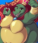 4_fingers anthro armor biceps big_breasts biped bloodshot_eyes blue_background bracelet breasts cape cape_only claws clothing crossgender crown eyelashes fangs female finger_claws fingers fist front_view gem green_body green_scales headgear high-angle_view huge_breasts huge_thighs jewelry looking_at_viewer morbidly_obese morbidly_obese_anthro morbidly_obese_female mostly_nude mtf_crossgender musclegut muscular muscular_anthro muscular_female navel nipples non-mammal_breasts non-mammal_nipples obese obese_anthro obese_female open_mouth open_smile outie_navel overweight overweight_anthro overweight_female pink_tongue raised_arm raised_fist raised_hand scales sharp_teeth simple_background smile smiling_at_viewer solo super_crown teeth thick_thighs tongue white_claws yellow_nipples javanshir donkey_kong_(series) mario_bros nintendo king_k._rool crocodile crocodilian kremling reptile scalie 2022 dated digital_media_(artwork) portrait shaded signature three-quarter_portrait