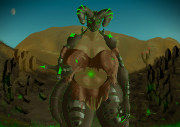 5_fingers anthro belly big_breasts breasts claws clothed clothing curvy_figure desert detailed_background female fingers glowing glowing_body glowing_eyes horn huge_breasts looking_at_viewer navel radiation radioactive smile solo tail thick_thighs voluptuous wide_hips axelkirby fallout microsoft deathclaw glowing_deathclaw monster scalie absurd_res digital_media_(artwork) hi_res huge_filesize