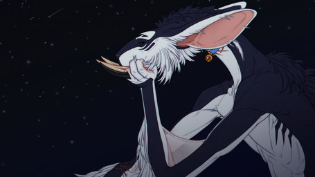 anthro arm_tuft bell bell_collar big_ears black_sclera blue_body blue_collar blue_fur brown_eyes cheek_tuft collar facial_tuft fur male male_anthro shooting_star side_view solo star tuft tusks white_body white_fur riorix 16:9 hi_res widescreen