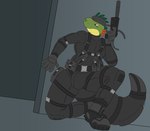 anthro blue_eyes bulge clothed clothing detailed_bulge front_view full_body_suit glistening glistening_eyes green_body gun holding_gun holding_object holding_ranged_weapon holding_weapon kneeling male mouth_closed ranged_weapon solo weapon yellow_body hardscales scalie absurd_res hi_res