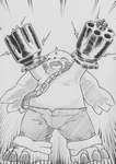 anthro belly bottomwear clothing denim denim_bottomwear denim_clothing gun gun_arm happy jeans long_ears male overweight overweight_male pants ranged_weapon shirtless solo trigger_happy weapon tabasukotrr bandai_namco digimon digimon_(species) gargomon lagomorph leporid mammal rabbit monochrome traditional_media_(artwork)