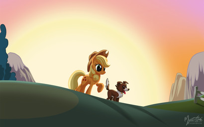 black_eyes blonde_hair brown_body brown_fur clothing cowboy_hat cutie_mark duo female fence feral fur grass green_eyes hair hat headgear headwear orange_body orange_fur outside plant quadruped sky sun tail mysticalpha friendship_is_magic hasbro my_little_pony applejack_(mlp) winona_(mlp) canid canine canis domestic_dog earth_pony equid equine horse mammal pony 16:10 digital_media_(artwork) hi_res widescreen