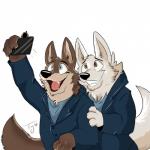 anthro blue_eyes brown_body brown_eyes brown_fur cellphone clothed clothing coat duo electronics fur grin holding_cellphone holding_object holding_phone male open_mouth open_smile phone simple_background smile tongue topwear white_background white_body white_fur tykira disney zootopia gary_(zootopia) larry_(zootopia) canid canine canis mammal wolf 1:1 2016