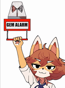 :3 alarm anthro claws clothing collared_shirt countershading dipstick_ears ear_markings female fur markings multicolored_ears neck_ribbon pawpads shirt solo topwear yellow_body yellow_fur voider_(artist) gem_alert_meme bully_fox canid canine fox mammal animated