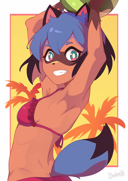 anthro ball bikini black_body black_fur black_hair blue_body blue_eyes blue_fur blue_hair breasts brown_body brown_fur clothed clothing female fluffy fluffy_tail fur hair holding_object looking_at_viewer multicolored_body multicolored_fur multicolored_hair short_hair small_breasts smile swimwear tail two-piece_swimsuit darahan brand_new_animal studio_trigger michiru_kagemori canid canine mammal raccoon_dog tanuki