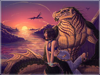 anthro clothing detailed_background duo fangs fantasy female fin island landscape larger_male male male/female multi_eye muscular outside scales sea size_difference smaller_female smaller_human sunset teeth water nokiout alien aquatic human lizardman mammal scalie 4:3