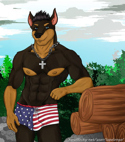 abs anthro balls_outline biceps bulge clothed clothing cropped_ears cross cross_necklace detailed_bulge genital_outline hair jewelry looking_at_viewer male muscular muscular_anthro muscular_male necklace nipples outside sheath_outline simple_background smile solo standing topless underwear lupelongo canid canine canis dobermann domestic_dog mammal pinscher 2019 digital_media_(artwork) hi_res