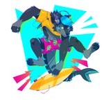 anthro biped blue_eyes blue_hair electronics fur grey_body grey_fur hair headphones looking_at_viewer male slim_anthro slim_male solo surfboard surfing yellow_sclera oomanagarcha canid canine canis mammal wolf 2024 hi_res