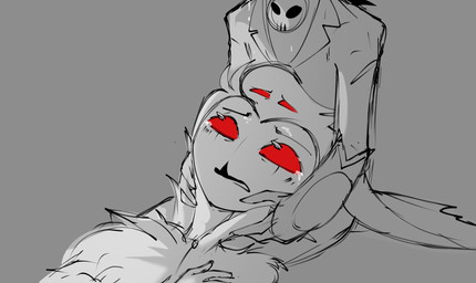 anthro bodily_fluids cape clothing crying duo frown grey_background hair looking_down looking_up lying male on_back red_eyes sad short_hair simple_background sitting tears teathekook hellaverse helluva_boss blitzo_(helluva_boss) stolas_(helluva_boss) avian avian_demon bird demon imp owl owl_demon hi_res