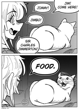 duo eyebrows feral fur hair motion_lines open_mouth quadruped speech_bubble text tongue whiskers nhim domestic_cat felid feline felis human mammal 2koma absurd_res comic english_text hi_res monochrome