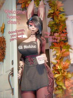 5_fingers anthro apron apron_only autumn biped black_hair blue_eyes breasts choker clothing container cup curvy_figure dialogue door ear_piercing female fingers footprint fur hair highlights_(coloring) industrial_piercing jewelry looking_at_viewer markings mature_female mug necklace pawprint pawprint_(marking) piercing porch red_body red_fur side_boob smile solo standing tattoo text voluptuous maxkore porsche_(maxkore) lagomorph leporid mammal rabbit 2025 3:4 3d_(artwork) digital_media_(artwork) english_text signature